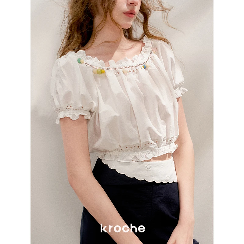 Kroche 25ss 浪漫法式 镂空刺绣 彩色重工串珠木耳边半袖衬衫