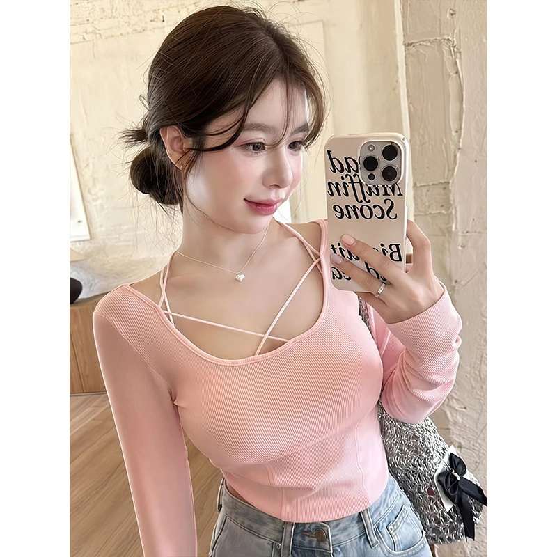 纯欲辣妹交叉绑带长袖T恤女2025秋季新款不规则修身显瘦短款上衣