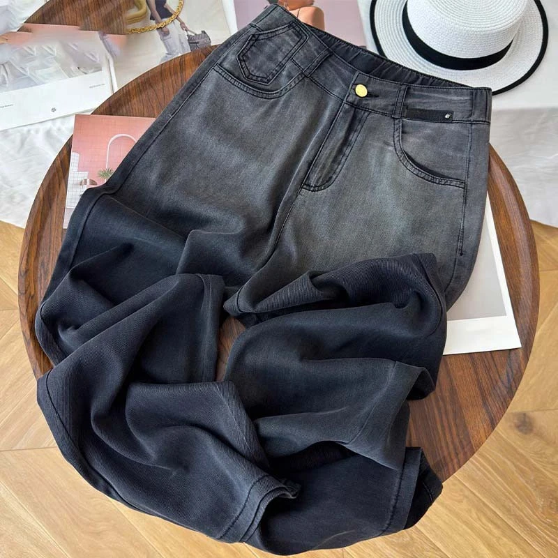 拉夏贝尔 渐变牛仔阔腿裤2025夏季新款松紧高腰显瘦垂感薄款长裤