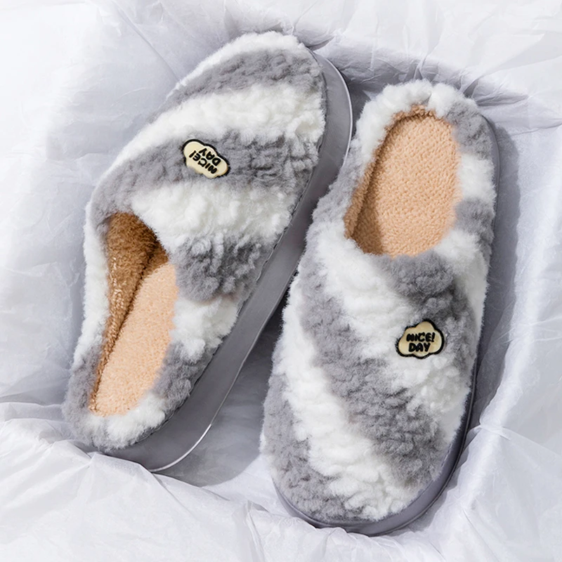 拼色毛绒棉拖鞋男士冬季新款加绒加厚保暖居家棉拖鞋情侣款可外穿