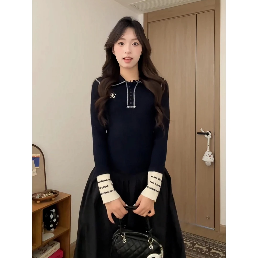 韩系覆古正肩长袖Polo衫女秋季穿搭撞色针织打女款冬季宽松打底衫