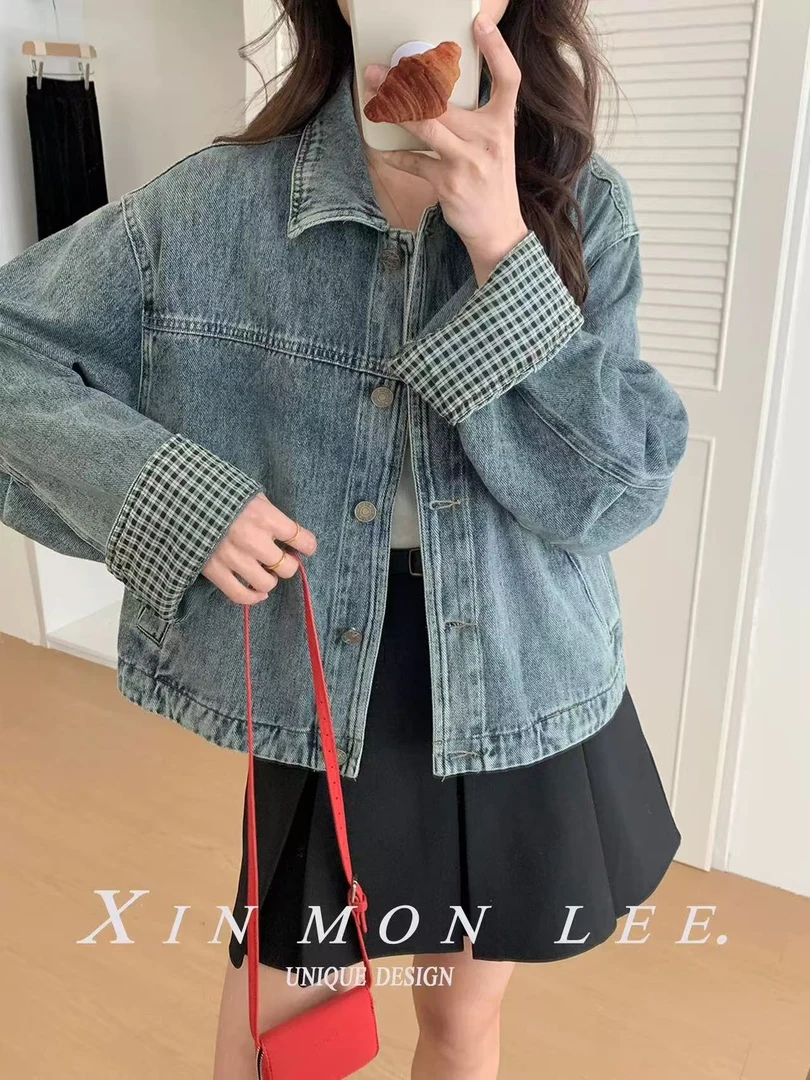 2025春秋新款翻领短款牛仔外套女美式复古拼接水洗宽松牛仔衣上衣