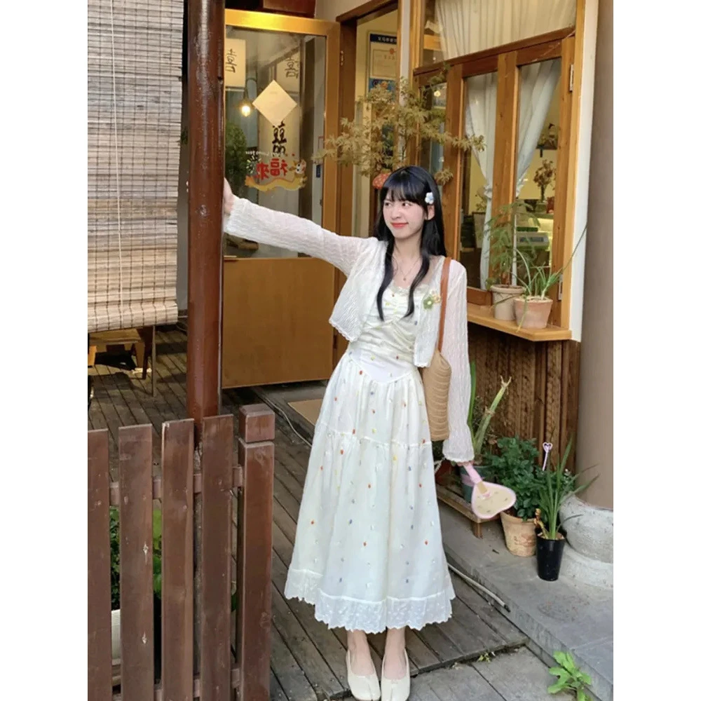 夏日来信两件套甜美可爱初恋长裙温柔吊带波点连衣裙防晒开衫套装