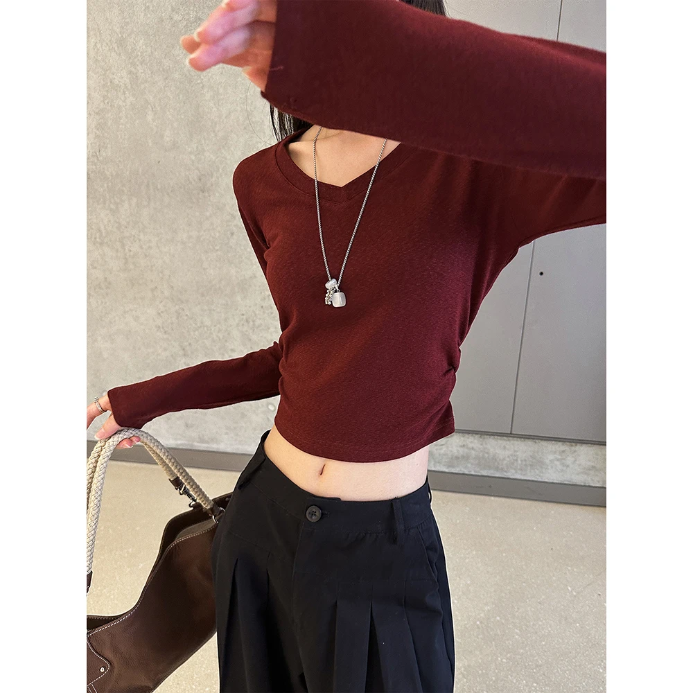 动感少女V领早秋穿搭长袖T恤女2025秋季新款时尚设计感百搭上衣