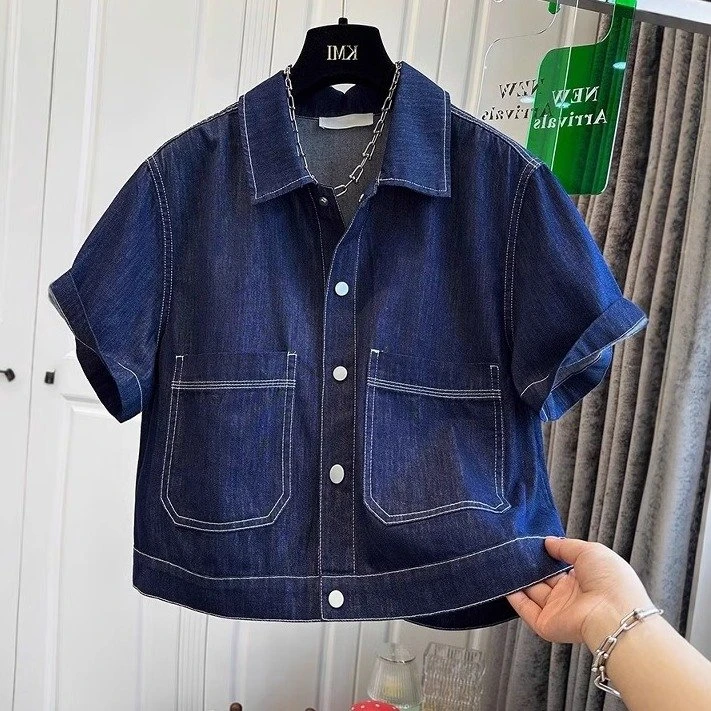 短袖夏季薄款褶裥休闲牛仔衬衫翻领洋气时尚百搭外套