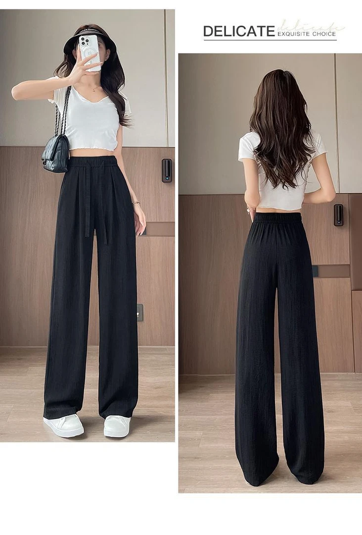 冰丝阔腿裤女夏季新款高腰抽绳肌理感慵懒美式休闲九分裤