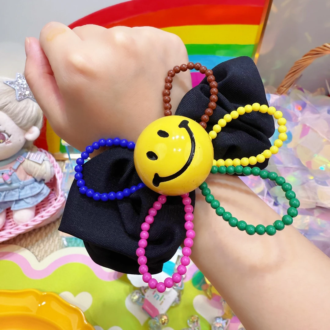 韩版气质时尚卡通可爱笑脸花花蝴蝶结毛巾圈少女扎头发女孩头绳