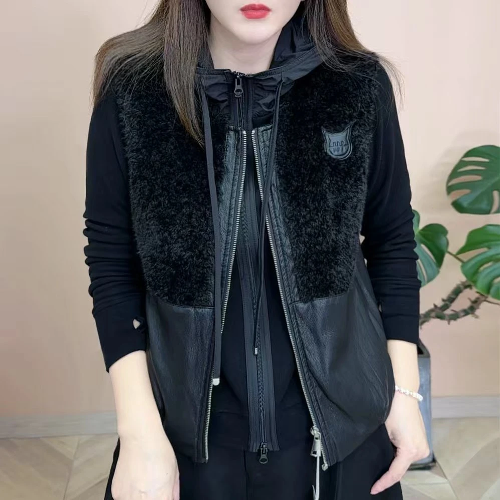 2025秋冬新品时尚百搭皮毛拼接棉马甲休闲气质简约女士马夹8264