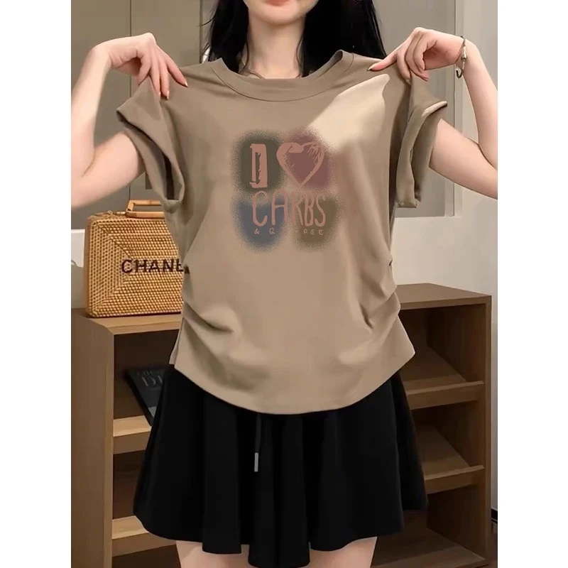 小飞袖褶皱正肩短袖t恤女夏季2025新款设计感收腰显瘦圆领上衣潮