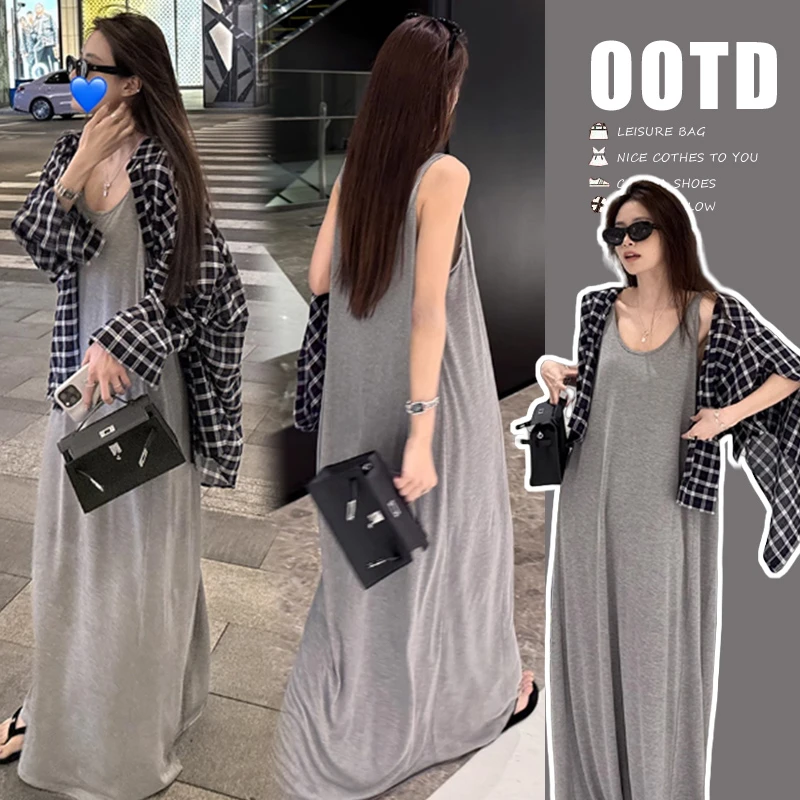 YNVO时尚~2025夏装套装韩版时尚宽松灰色背心裙+格子防晒两件套