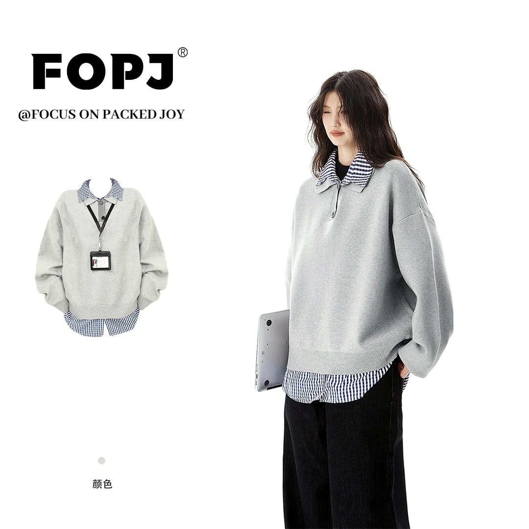 FOPJ设计感时尚假两件毛衣长袖t恤女春秋拼接复古格子慵懒风上衣