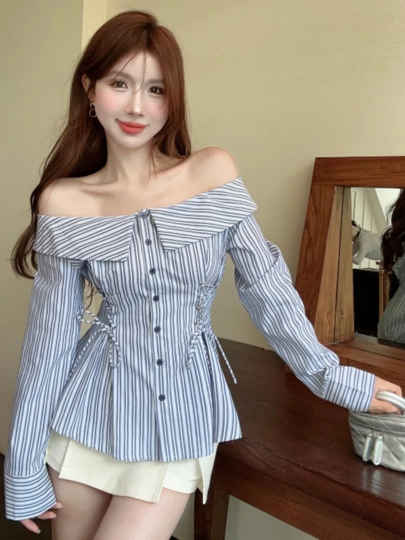 一字肩系带条纹衬衫女秋装纯欲辣妹一字肩防晒衬衣上衣设计感小众