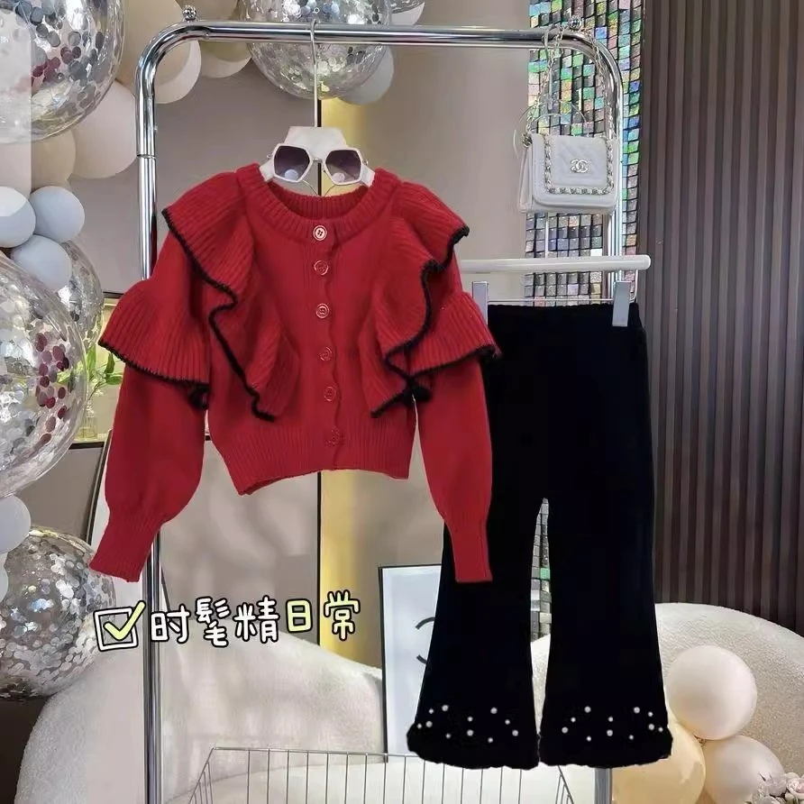2025年女童秋冬休闲新款荷叶边毛衣长裤套装洋气儿童外穿两件套潮