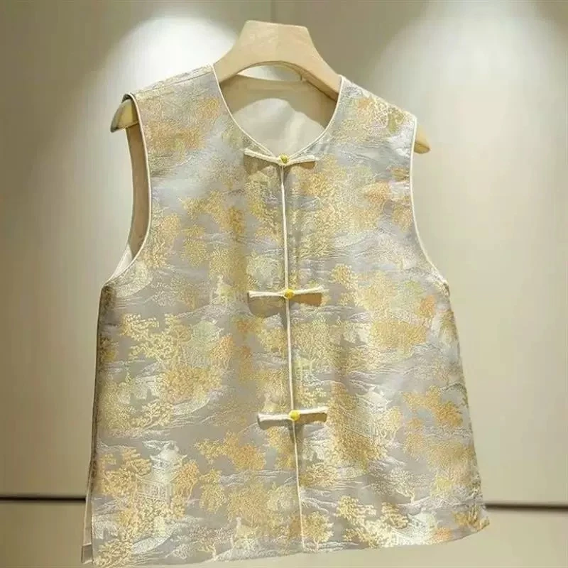 T轻奢织宋锦薄款马甲女2025春夏新款圆领高贵气质提花新中式马夹