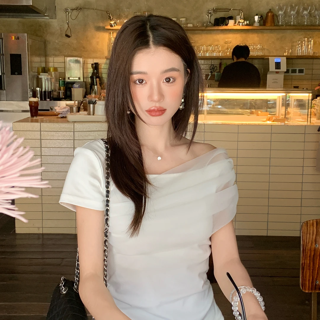 【冰川圆舞曲】RARE ZZ 设计感白色欧根纱拼接温婉露肩修身T恤