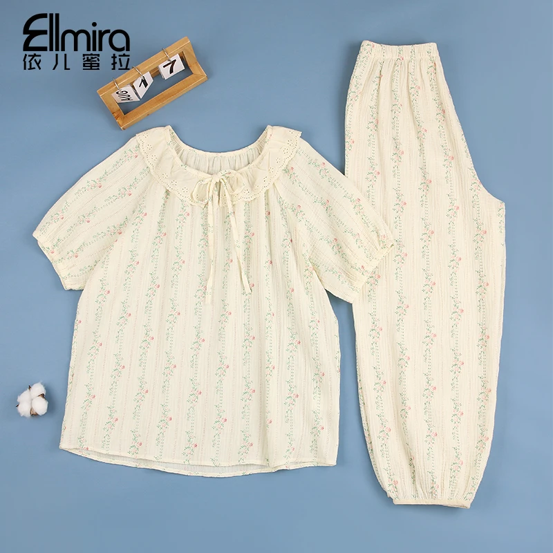 9329睡衣棉纱家居服套装两件套宽松空调服洋气夏季薄款