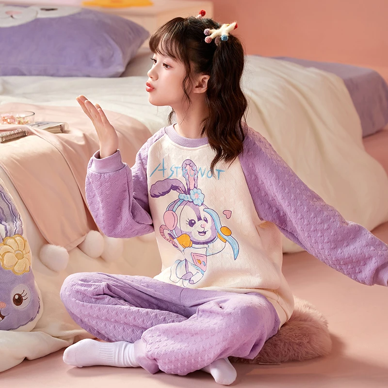 儿童睡衣女童秋冬季夹层空气棉保暖家居服小女孩束口卡通厚款套装