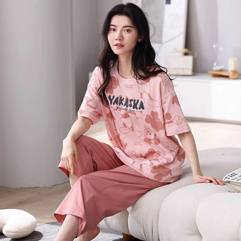 胸垫版睡衣女夏款纯棉短袖七分裤可外穿家居服套装（粉色米奇）