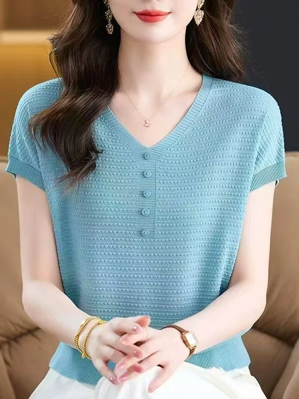 短袖v领2025年夏季新款洋气遮肚子V领T恤宽松针织上衣女妈妈装