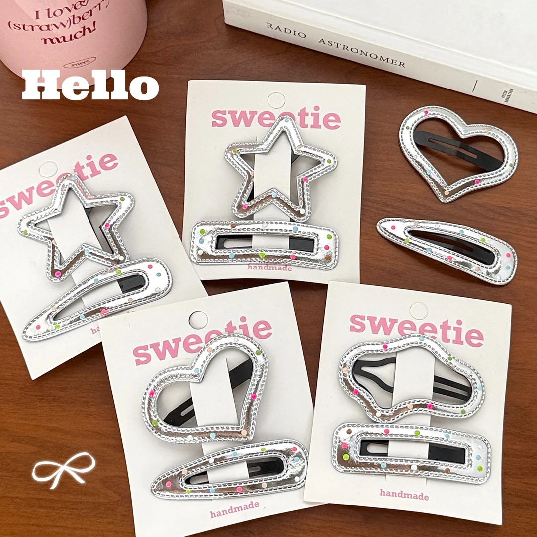 yk2千禧风发夹甜酷辣妹风银色皮革发夹套装y2k赛博少女刘海夹BB夹