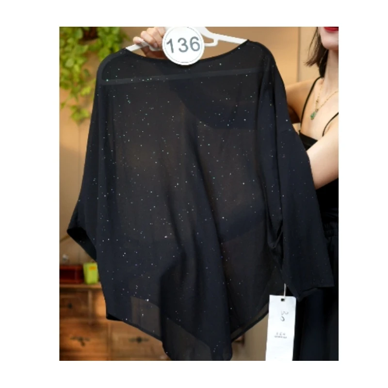 136墨夜星芒不规则剪裁微透罩衫