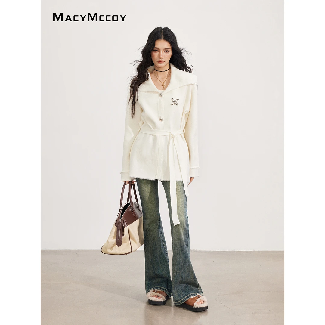 【毛毛专属】MacyMccoy大翻领系带毛衣外套女搭bi备高级感针织上衣