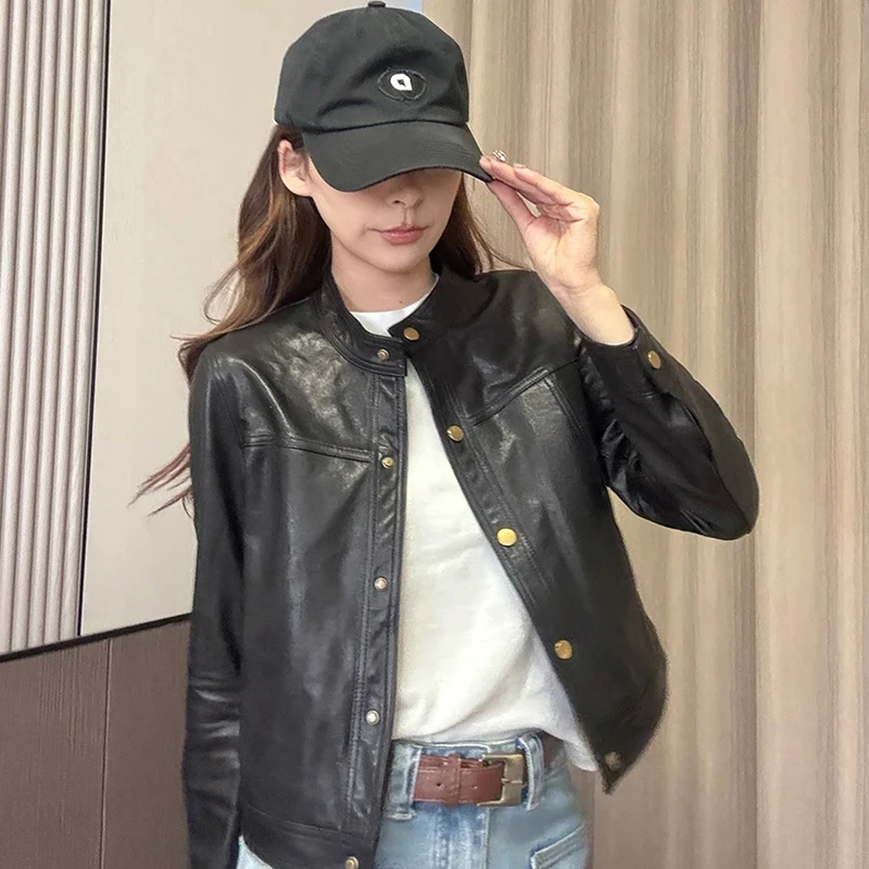 复古气质简约时尚长袖高级感皮衣女士2025春季新款小众设计感上衣