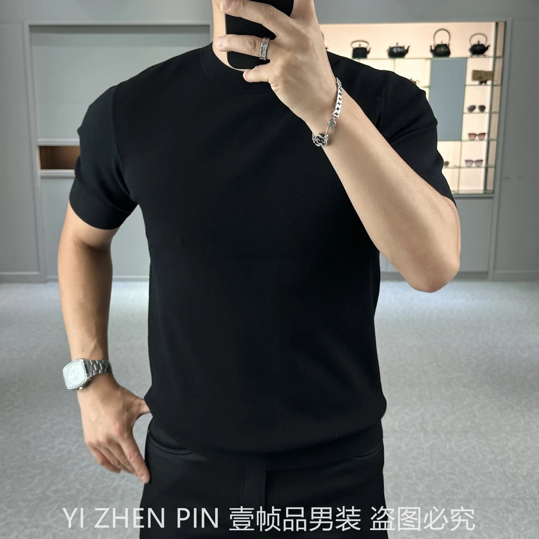 【壹帧品】极简伊力特短袖高品质高弹抗褶皱打底毛衣冬季男士针织衫