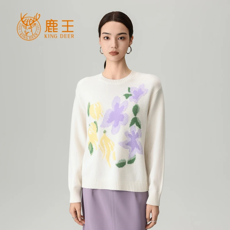 鹿王25秋冬新款女圆领100山羊绒时尚提花休闲套衫 加厚 5J9349