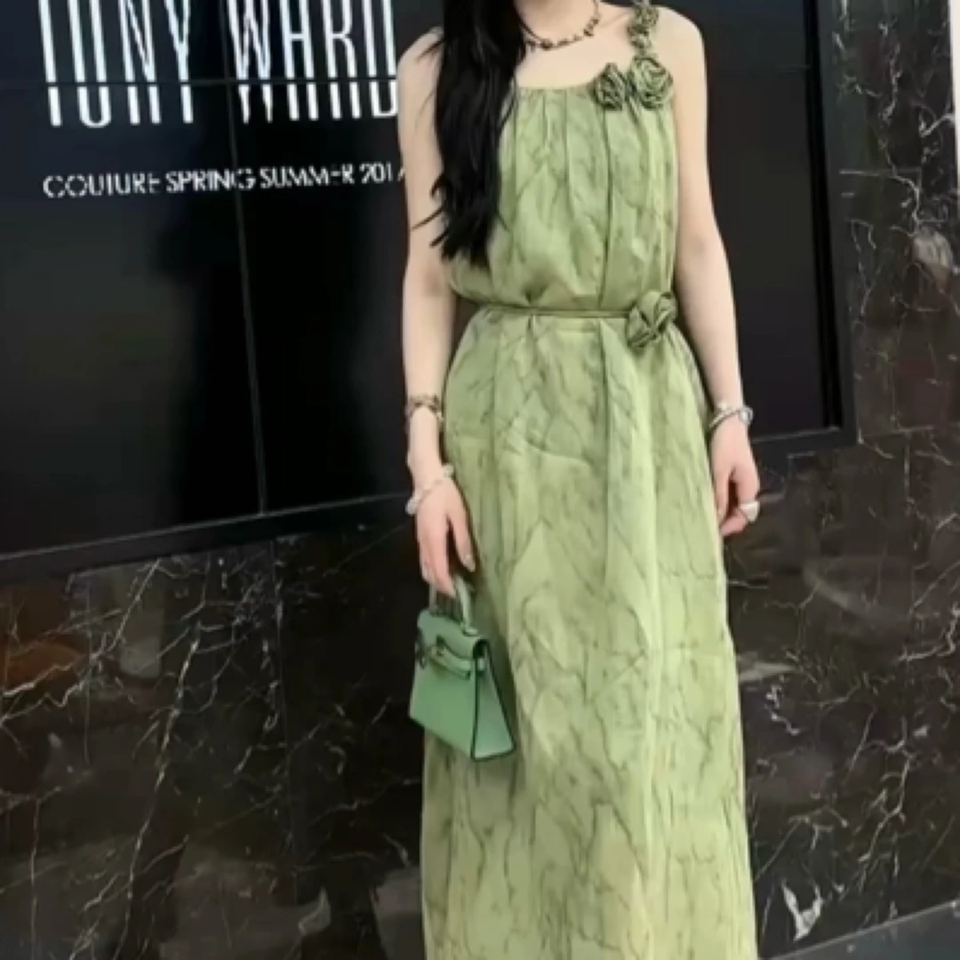 设计师款手工装饰花朵编织带设计吊带裙长裙