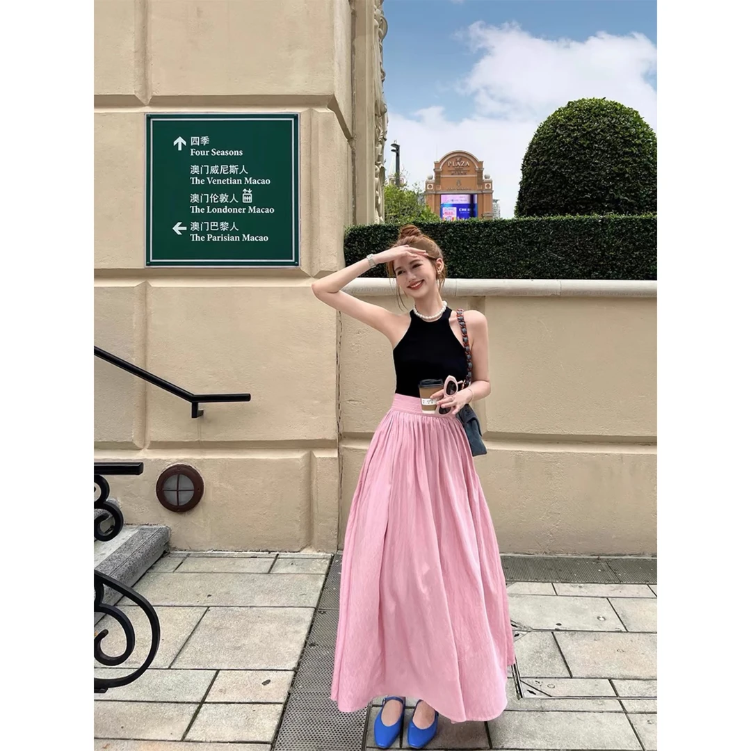 粉色大摆A字夏季女款气质高腰显瘦小众设计感半身长裙