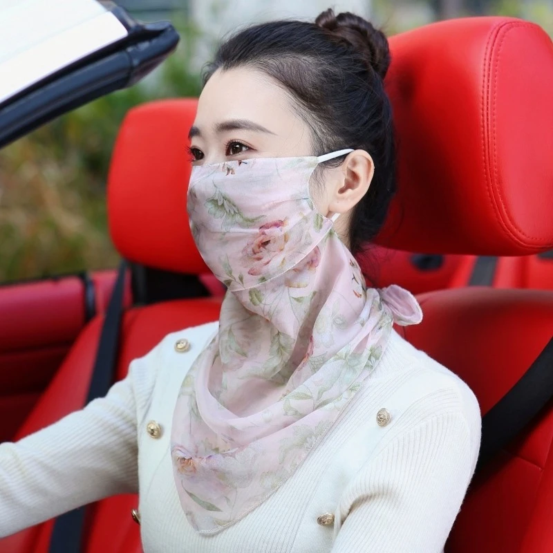 桑蚕丝防晒面纱真丝口罩护颈一体夏季骑车面罩薄款遮脸围巾披肩女
