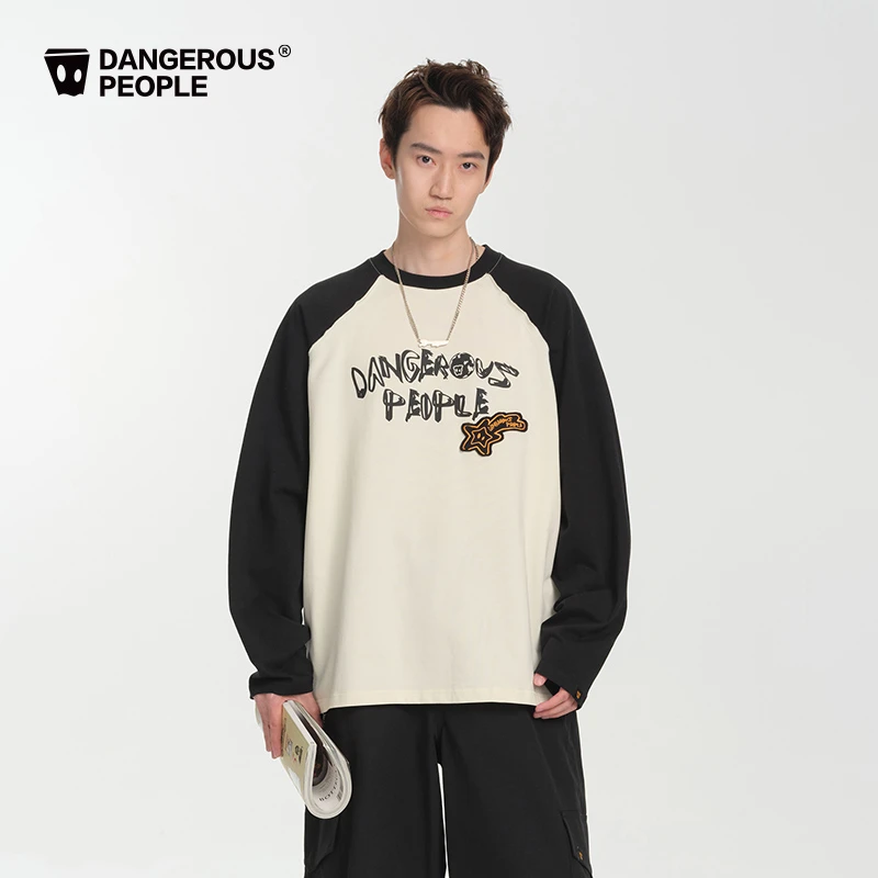 Dangerouspeople薛之谦dsp毛边拼接贴布绣宽松百搭潮圆领长袖T恤
