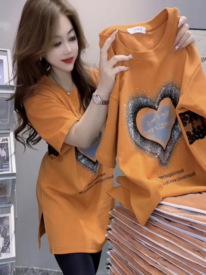 夏季新款圆领中长款重工烫钻拼接蕾丝橘色宽松洋气显瘦短袖女棉T