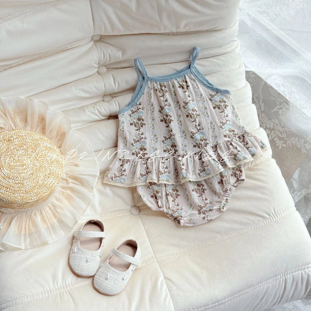 2025夏季新品婴幼儿衣服女宝宝吊带碎花套装拼色背心小短裤两件套