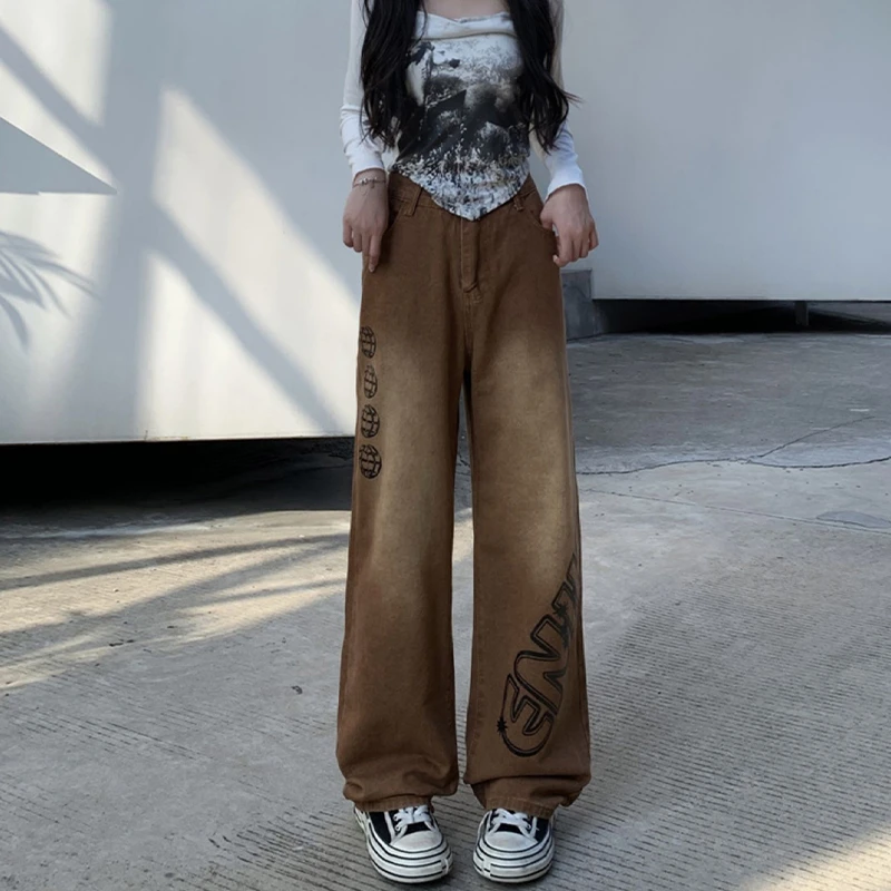 2-300斤胖mm大码女装复古设计感咖色牛仔裤春秋款宽松高腰直筒裤