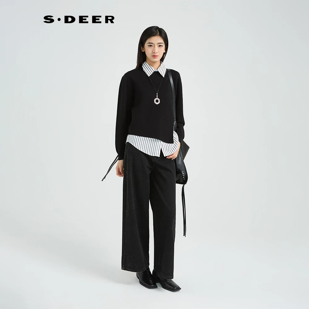 S·DEER圣迪奥秋冬女装高端气质百搭黑色两件套针织上衣S244Z3529