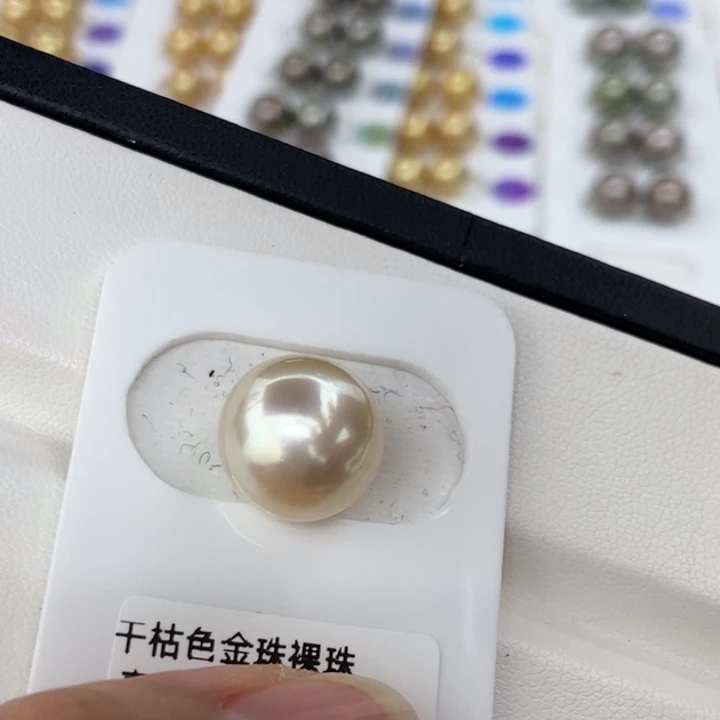 海水珍珠未镶嵌裸珠12.9 mm金珠干枯玫小极光