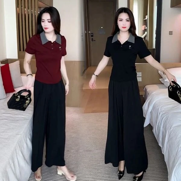 时尚套装女夏季显瘦T恤小众减龄方领短袖花边短上衣阔腿裤两件套