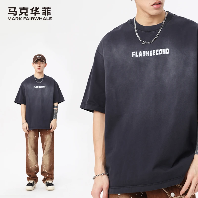 马克华菲夏季重磅短袖男士潮牌美式高街水洗渐变宽松圆领纯棉T恤