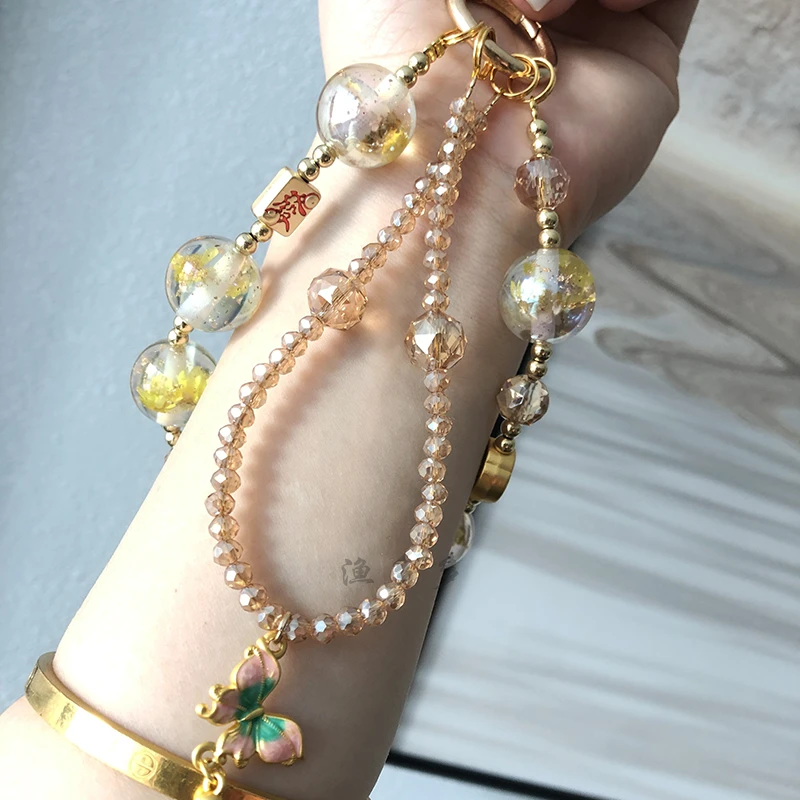 梦幻珠子花朵挂饰双链蝴蝶吊坠水晶串珠挂绳女精美时尚手机壳挂件