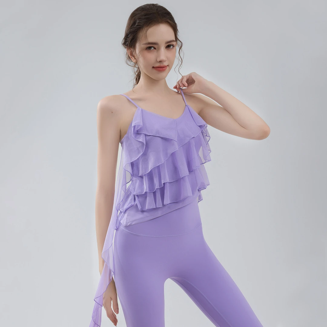 瑜伽服背心套装女荷叶边网纱飘逸美背运动吊带内衣外穿健身紧身裤