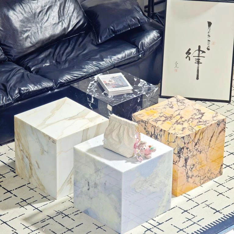 天然大理石边几现代简约大理石墩墩高级感摆件玩偶摆台玄关置物架