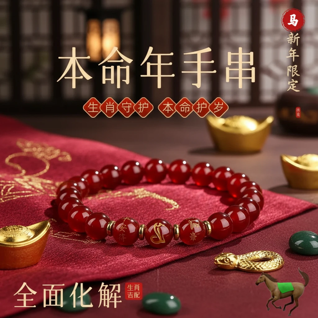 红玛瑙十二生肖马手串男女通用生肖守护本命年平安护岁红色手链