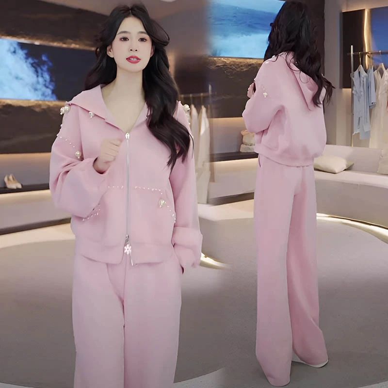 春秋韩版重工钉珠气质休闲连帽卫衣长裤时尚女韩版露肩卫衣两件套