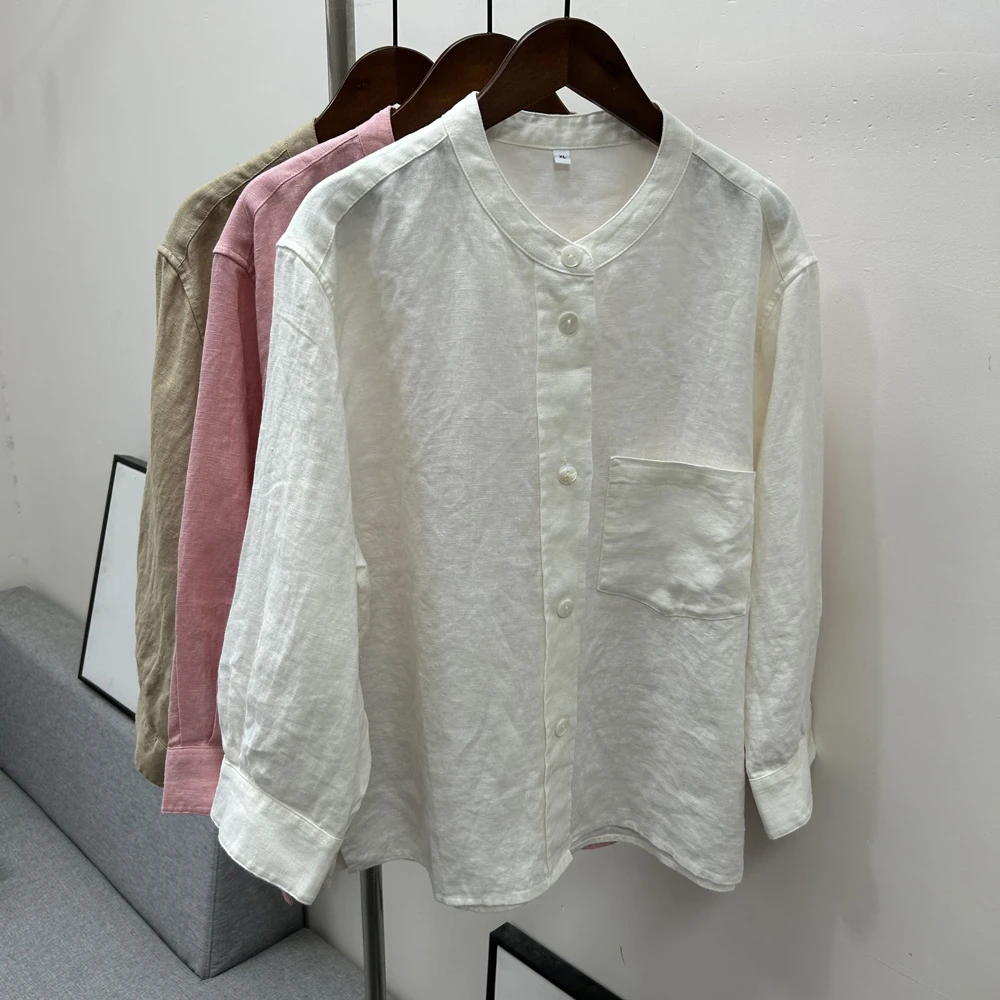 精品系列 高密高支亚麻 重磅定制工装风亚麻衬衫女长袖夏季新款