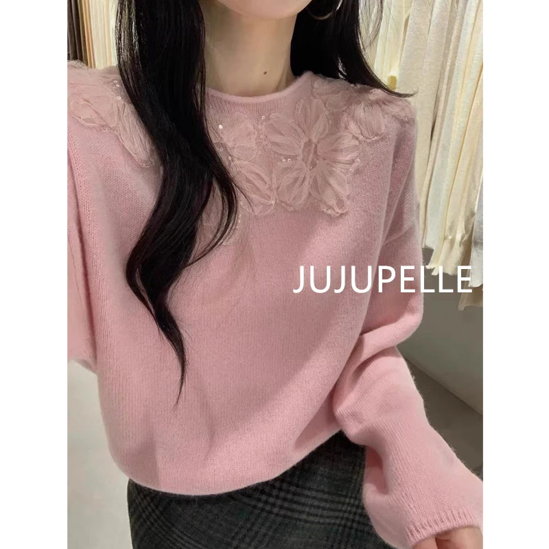 100绵羊毛~秋冬新款纯色花瓣圆领打底衫宽松显瘦女针织衫毛衣套头