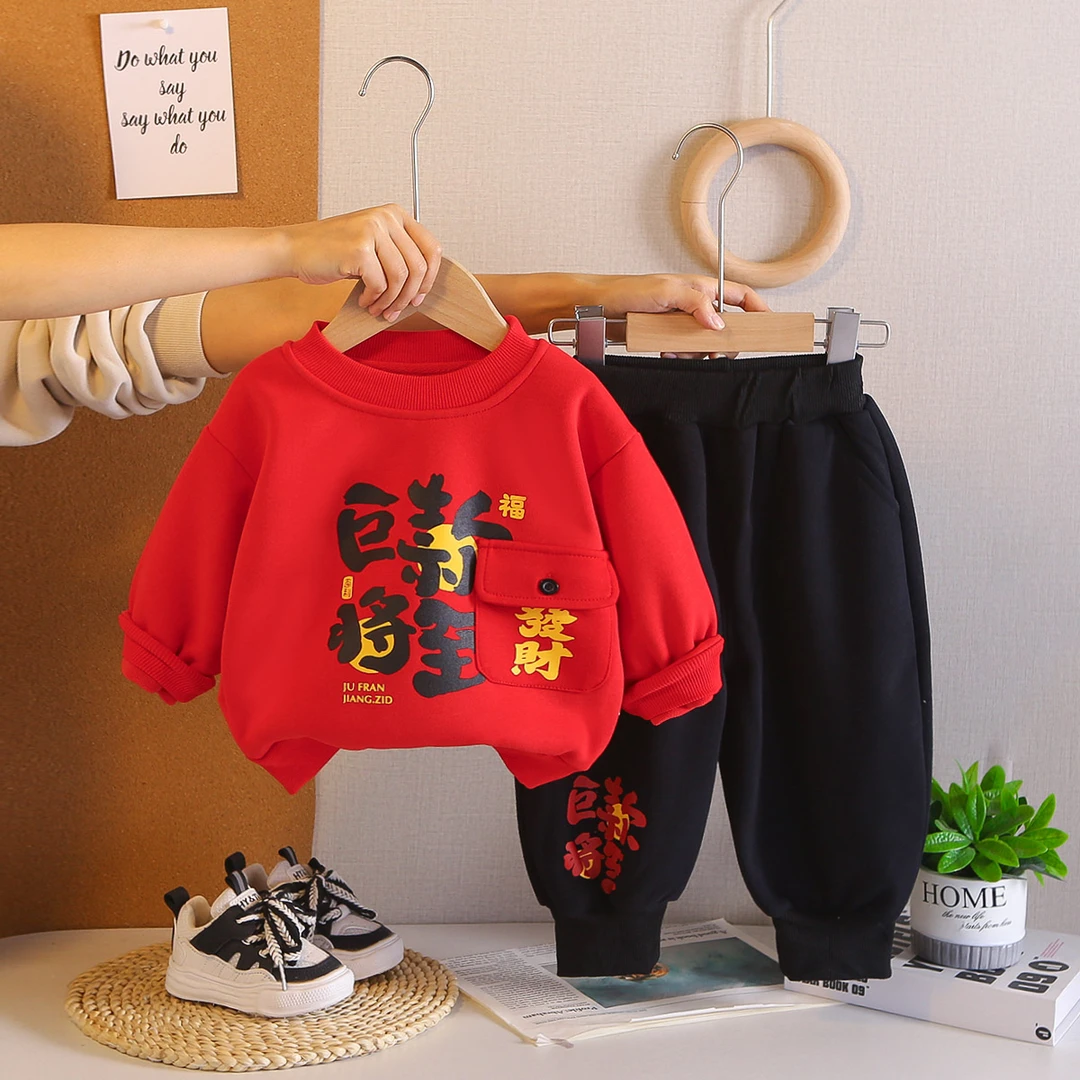 男童女童宝宝加绒薄绒一体绒套装两件套婴儿童装拜年服周岁礼服冬