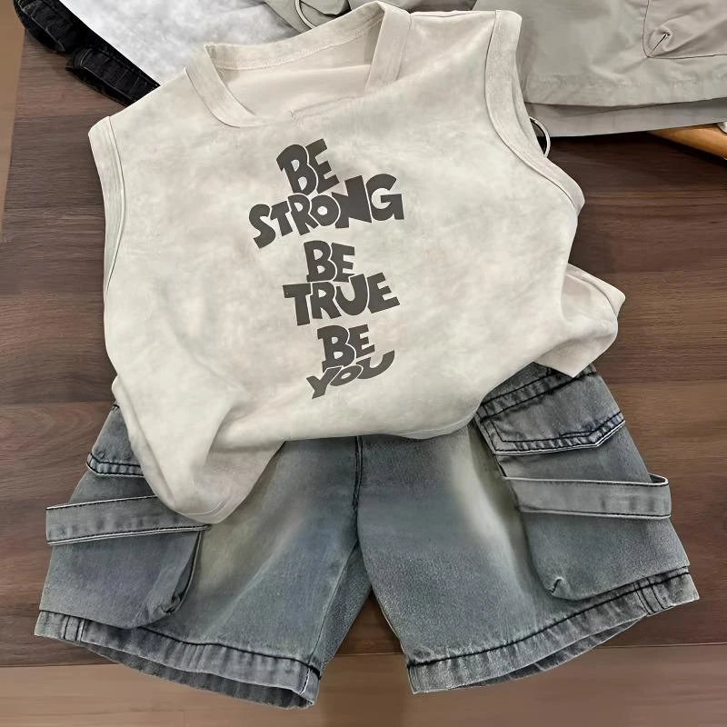 男童套装夏季新款儿童洋气时尚背心时髦夏装宝宝牛仔短裤两件套潮