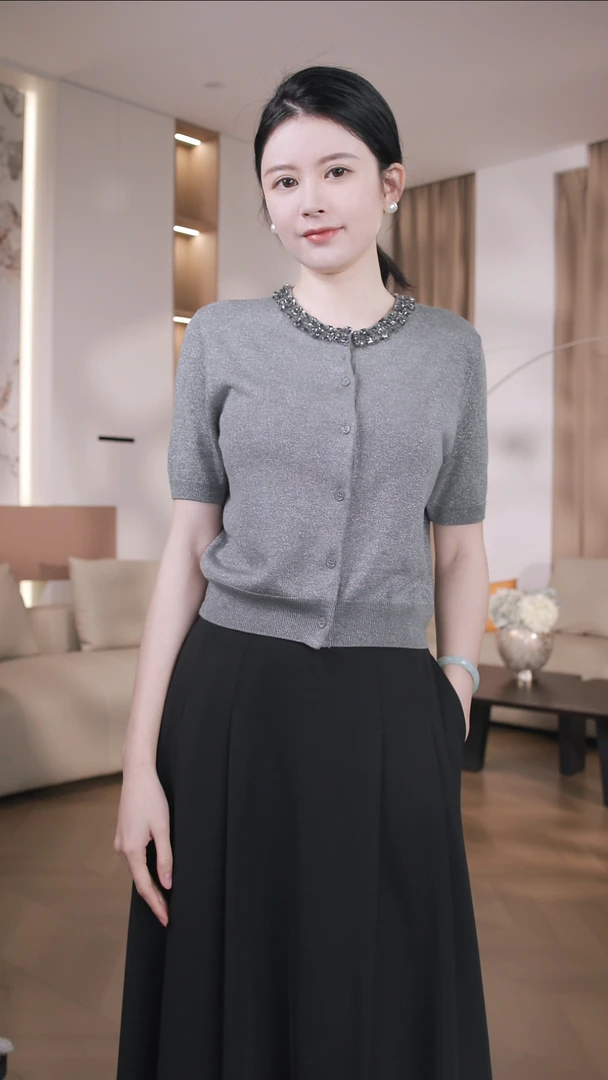 Nuovo Borgo 小香风领口镶钻圆领短袖针织衫开衫小外套上衣女0093